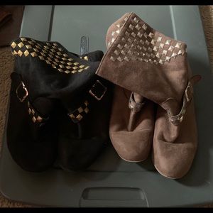 Black and gold  boots and tan and sliver boots